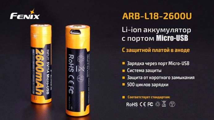 Аккумулятор Fenix 18650 (захист) 2600mAh micro-usb