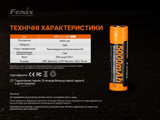 Аккумулятор Fenix 21700 (захист) 5000mAh