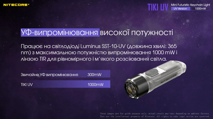 Ліхтар Nitecore Tiki UV наключний ультрафіолетовий UV 1 Вт, 365 нм, CRI 70 Lm